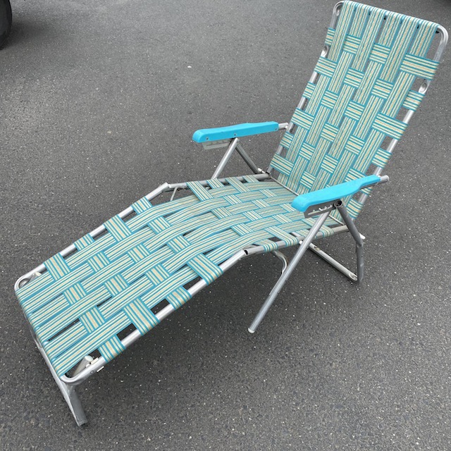 CHAIR, Folding Vintage Lawn Sunlounge - Aqua Blue Webbing